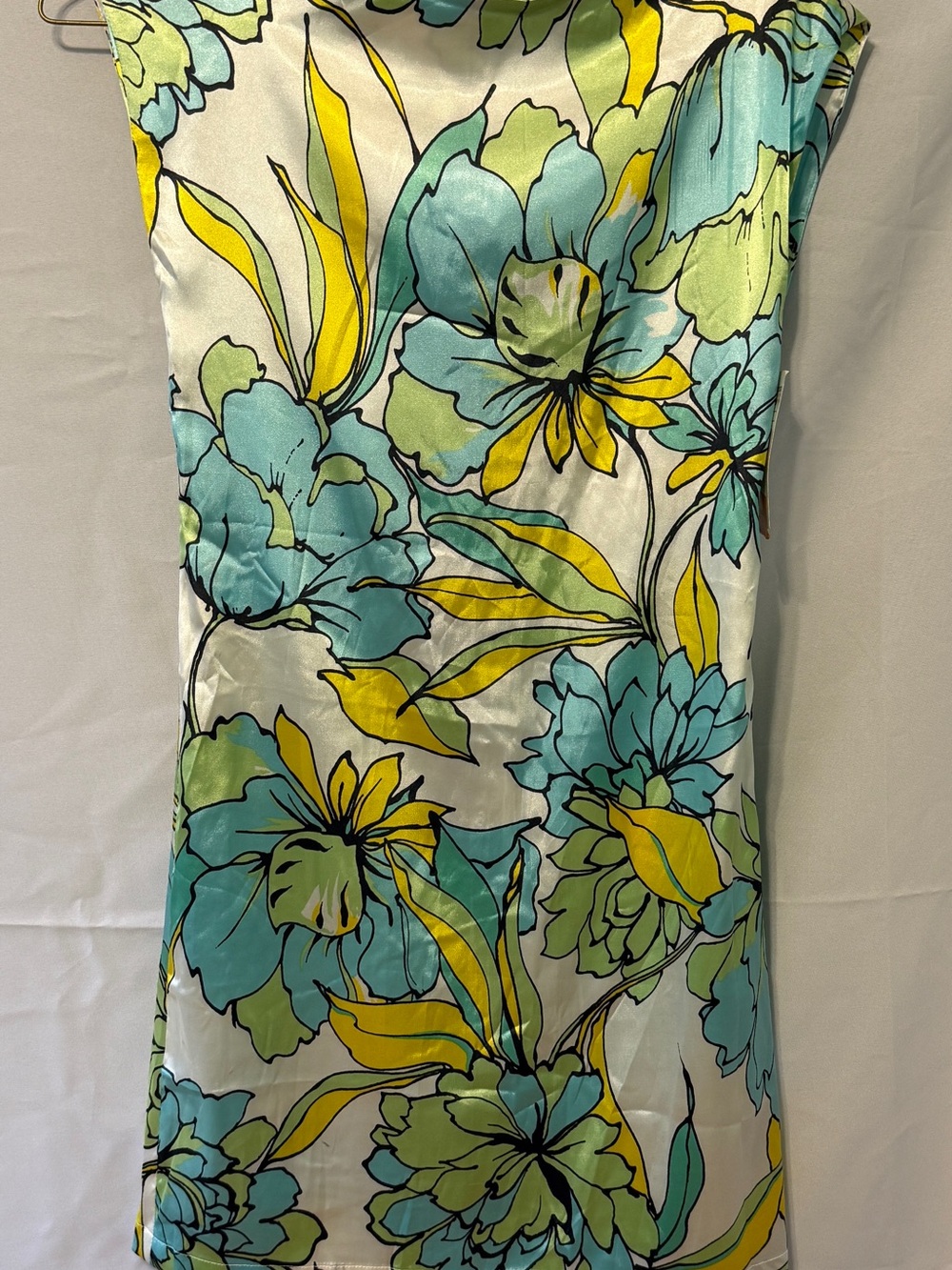 Zara Floral Satin Mini Dress in Turquoise, Yellow & Cream